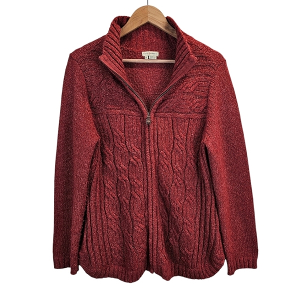 Royal Robbins Wool Blend Zip Cardigan XL Cranberry Cable Knit Cabincore Casual - Picture 2 of 14